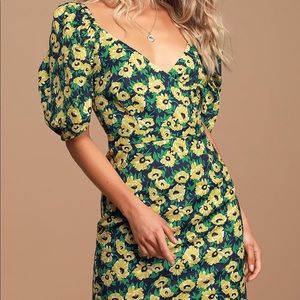 Navy Blue Floral Print Puff Sleeve Mini Dress